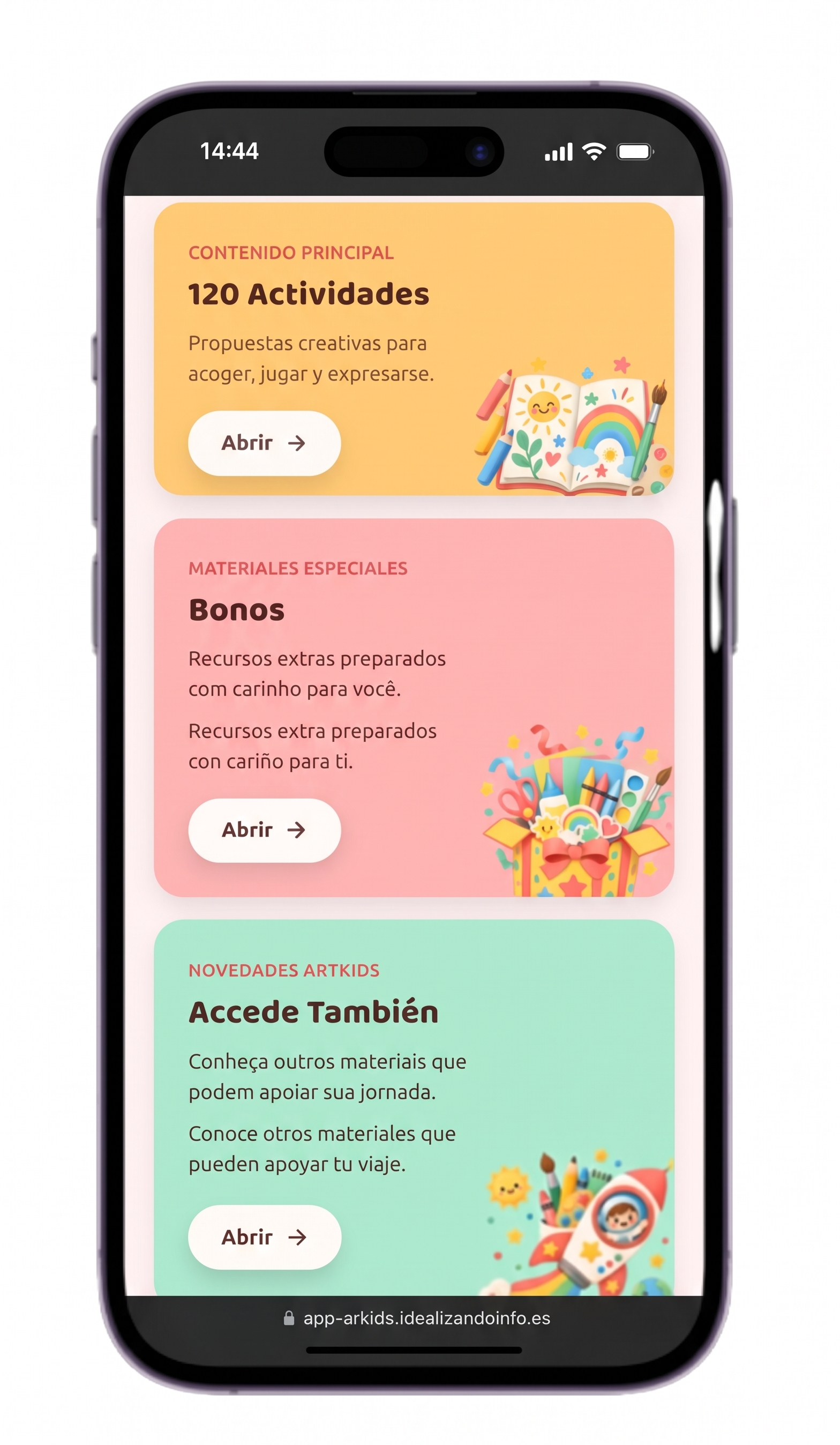 Pantalla de módulos y actividades de la aplicación web ArtKids Terapia